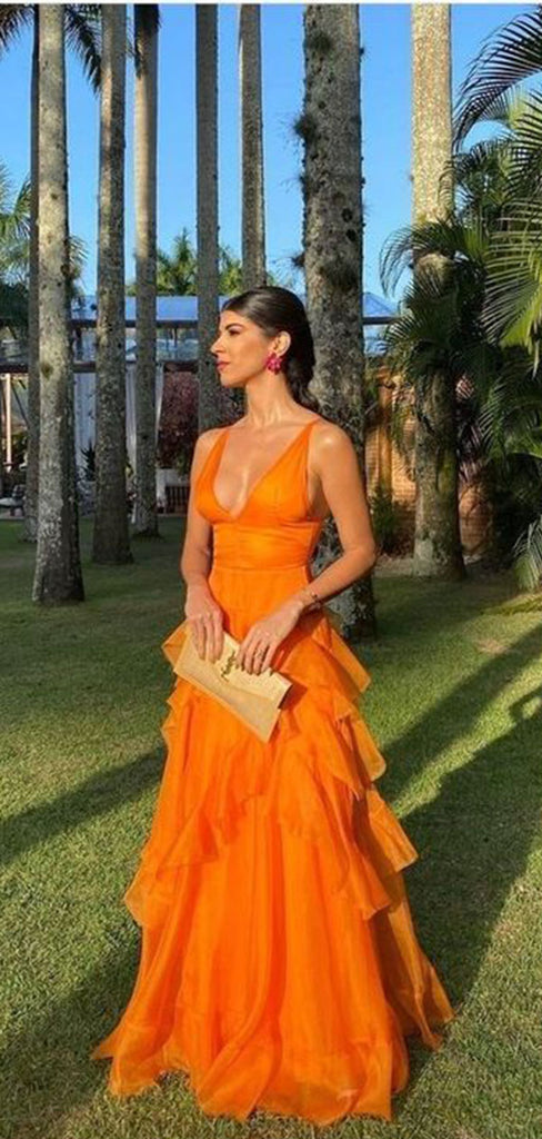 Elegant Orange V-Neck A-Line Long Prom Dress Ideas, Evening Party Dresses,WGP1641