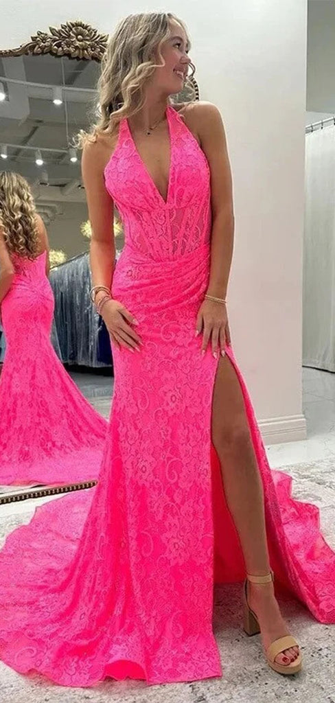 Unique Pink Lace Prom Gown with Sexy High Slit Halter V-Neck Sleeveless Mermaid Dress,WGP2088