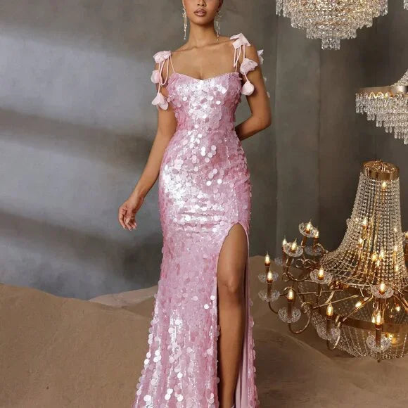 Sparkly Pink Spaghetti Strap Mermaid Long Prom Dress Ideas, Evening Party Dresses,WGP1900