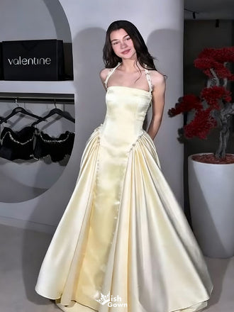 Elegant Yellow Spahetti Strap A-Line Long Prom Dress Ideas, Evening Party Dresses ,WGP1598