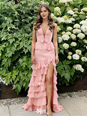 Lovely Pink V-Neck Mermaid Side Slit Long Prom Dress Ideas, Evening Party Dresses, WGP2035