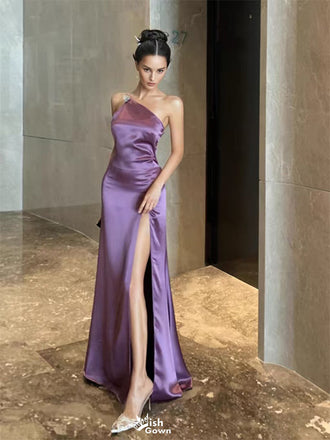 Sexy Purple One-Shoulder Sleeveless Mermaid Side Slit Long Prom Dress Ideas, Evening Party Dresses ,WGP1567