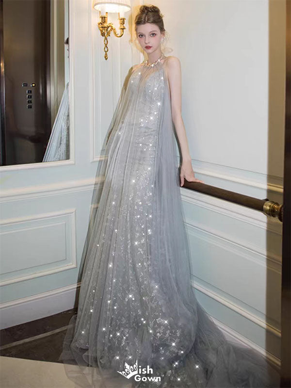 Shiny Silver Halter A-Line Long Prom Dress Ideas, Evening Party Dresses,WGP1727