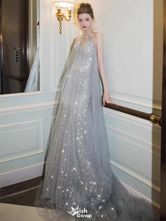 Shiny Silver Halter A-Line Long Prom Dress Ideas, Evening Party Dresses,WGP1727