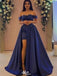 Elegant Navy Blue Off-Shoulder A-Line Long Prom Dress Ideas, Evening Party Dresses,WGP1975