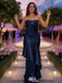 Navy Blue Strapless Mermaid Prom Gown featuring Ruffled Tiered Skirt Ruched Bodice,WGP2190