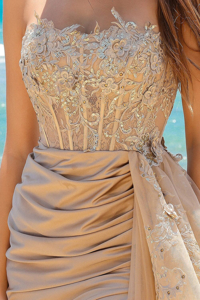 Unique Champagne Sweetheart Mermaid Side Slit Long Prom Dress Ideas, Evening Party Dresses,WGP1959