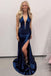 Elegant Green V-Neck Mermaid Side Slit Long Prom Dress Ideas, Evening Party Dresses, WGP1997