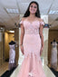 Elegant Pink Lace Applique Off-Shoulder Sleeveless Mermaid  Long Prom Dress Ideas, Evening Party Dresses,WGP1693