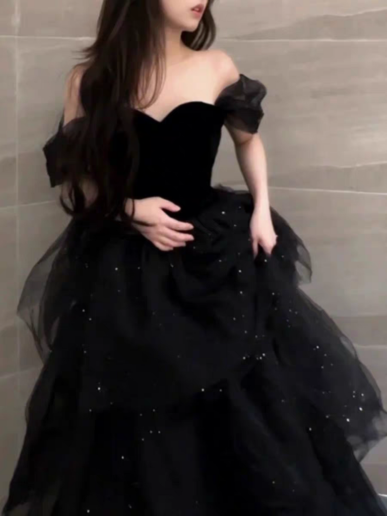 Elegant Black Off-Shoulder A-Line Long Prom Dress Ideas, Evening Party Dresses,WGP1748