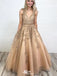 Elegant Champagne V-Neck A-Line Lace Sleeveless&nbsp;Party Prom Dresses,Evening Dress Online, WGP853