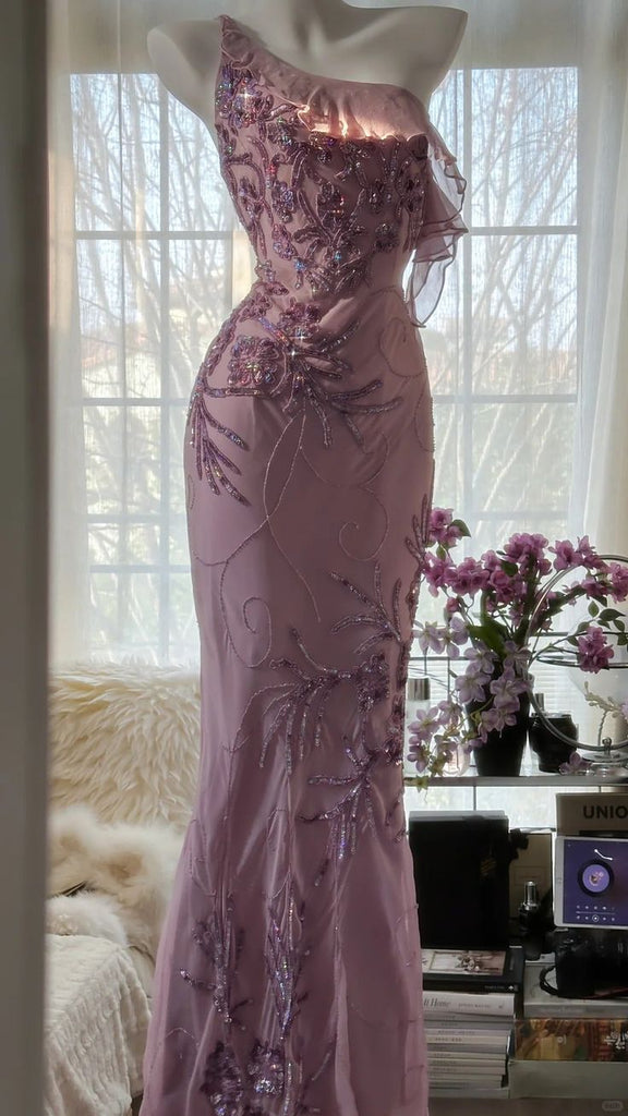 Elegant Pink One-Shoulder Mermaid Long Prom Dress Ideas, Evening Party Dresses,WGP1673