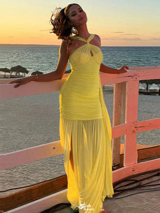 Unique Yellow Sweetheart Mermaid Side Slit Long Prom Dress Ideas, Evening Party Dresses,WGP1713