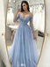 Elegant Blue V-Neck Long Sleeve A-Line Long Prom Dress Ideas, Evening Party Dresses,WGP1660