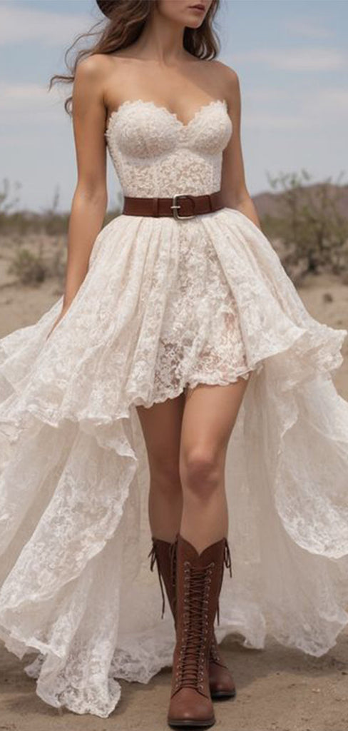 Unique High Low Lace Prom Dress Strapless Sweetheart A-Line Gown with Brown Leather Belt,WGP2047