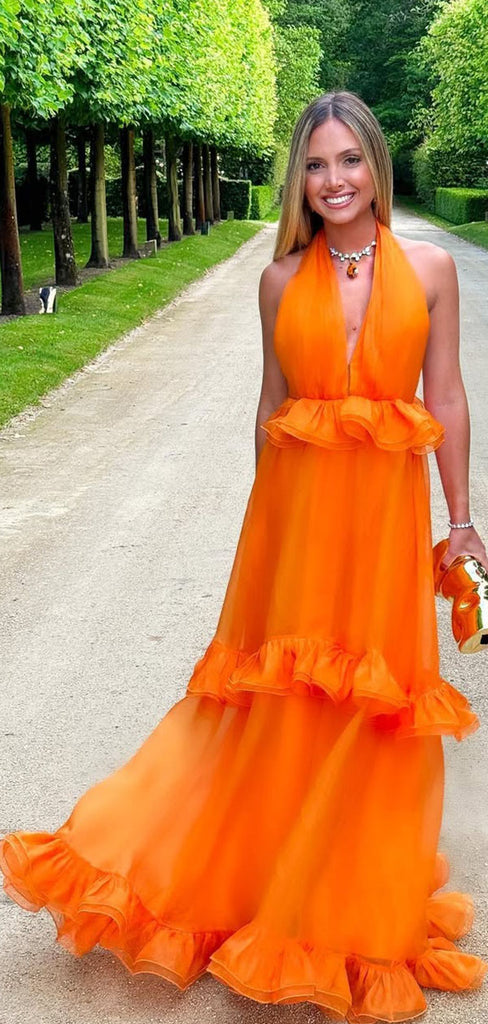 Unique Orange V-Neck A-Line Long Prom Dress Ideas, Evening Party Dresses,WGP1787