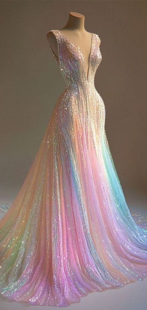 Sparkly V-Neck Mermaid Long Prom Dress Ideas, Evening Party Dresses,WGP1891