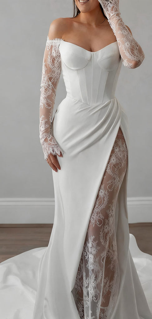 Elegant White Long Sleeve Lace Mermaid Long Wedding Dresses With Sweep Trailing ,WDH166