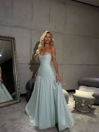Elegant Green Off-Shoulder A-Line Long Prom Dress Ideas, Evening Party Dresses, WGP1585