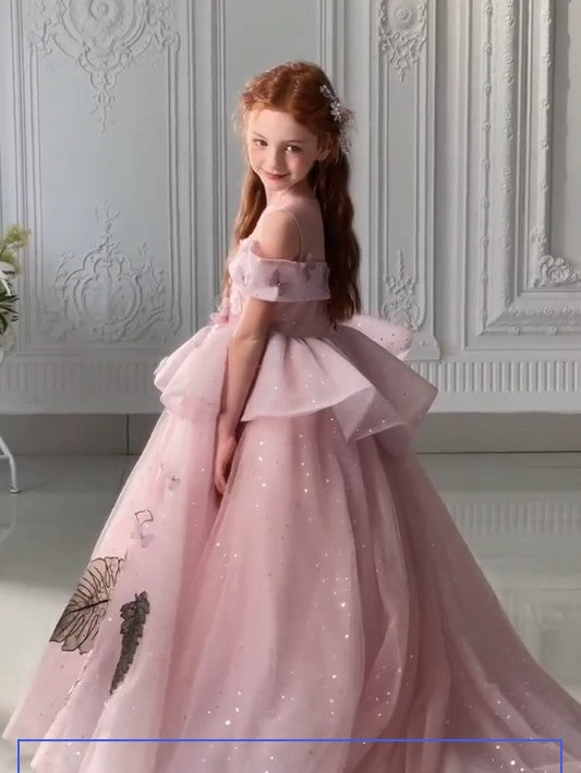 Cute Pink Off-Shoulder Long A-Line Flower Girl Dress , FG025