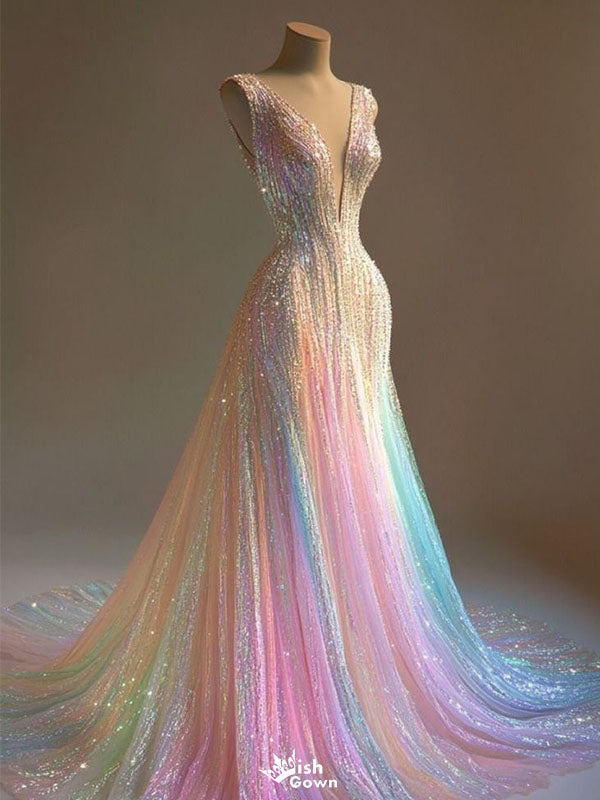 Sparkly V-Neck Mermaid Long Prom Dress Ideas, Evening Party Dresses,WGP1891