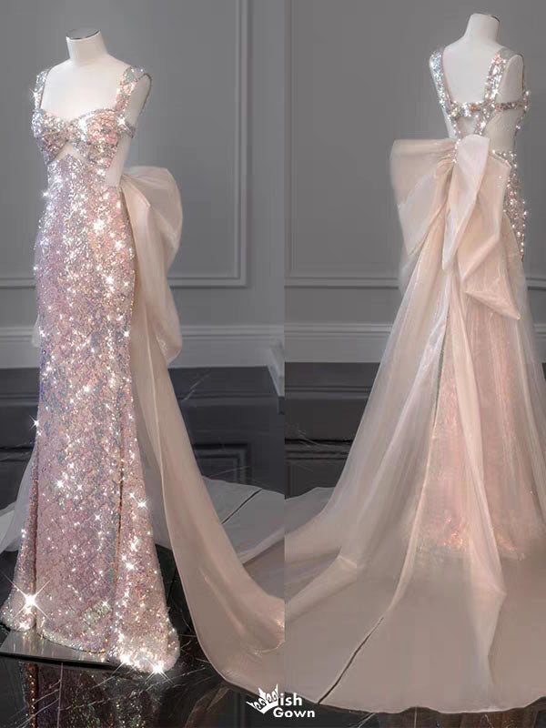 Shiny Pink Spaghetti Strap Mermaid Long Prom Dress Ideas, Evening Party Dresses,WGP1728