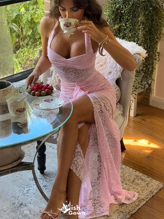Classy Pink Lace Mermaid Prom Dress with Sexy High Slit and Halter Neck Sheer Bodice,WGP2104