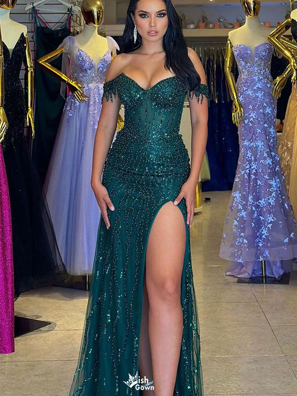 Elegant Green Off-Shoulder Mermaid Side Slit Long Prom Dress Ideas, Evening Party Dresses, WGP1587