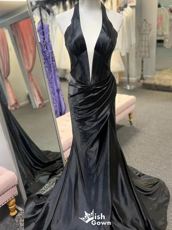 Sexy V-neck Halter mermaid Long Prom Dress Ideas, Evening Party Dresses,WGP1112
