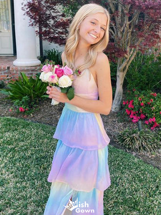 Casual Spaghetti Strap V-neck Colorful A-line Unique Long Prom Dress Ideas, Evening Party Dresses,WGP1347