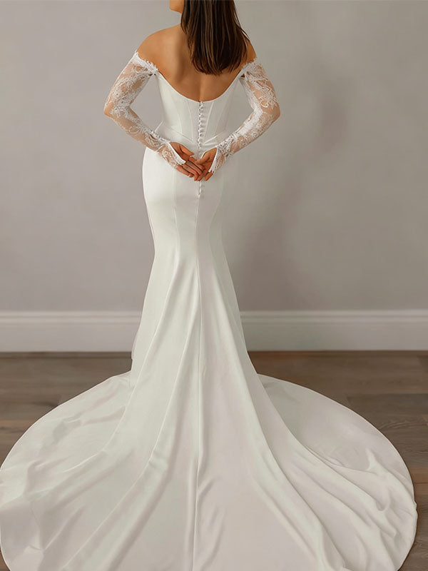 Elegant White Long Sleeve Lace Mermaid Long Wedding Dresses With Sweep Trailing ,WDH166