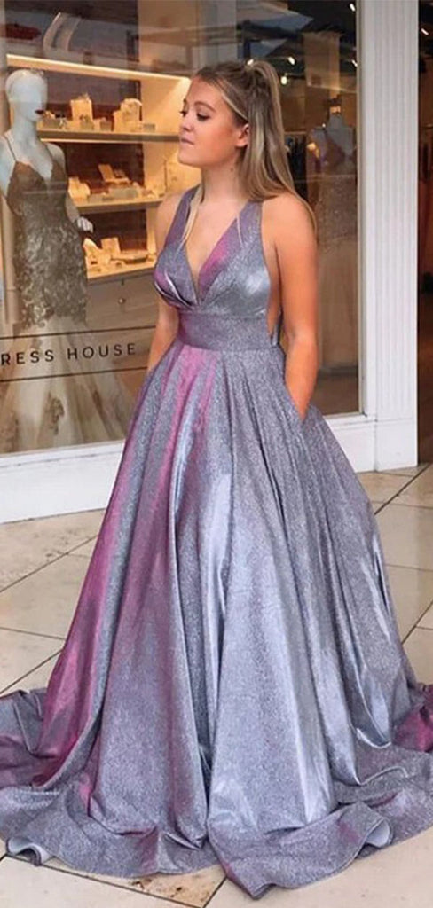 Gorgeous Blue V-Neck A-Line Long Prom Dress Ideas, Evening Party Dresses,WGP1643