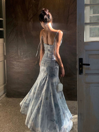 Elegant Blue Spaghetti Strap Mermaid Applique Long Prom Dress Ideas, Evening Party Dresses,WGP1704