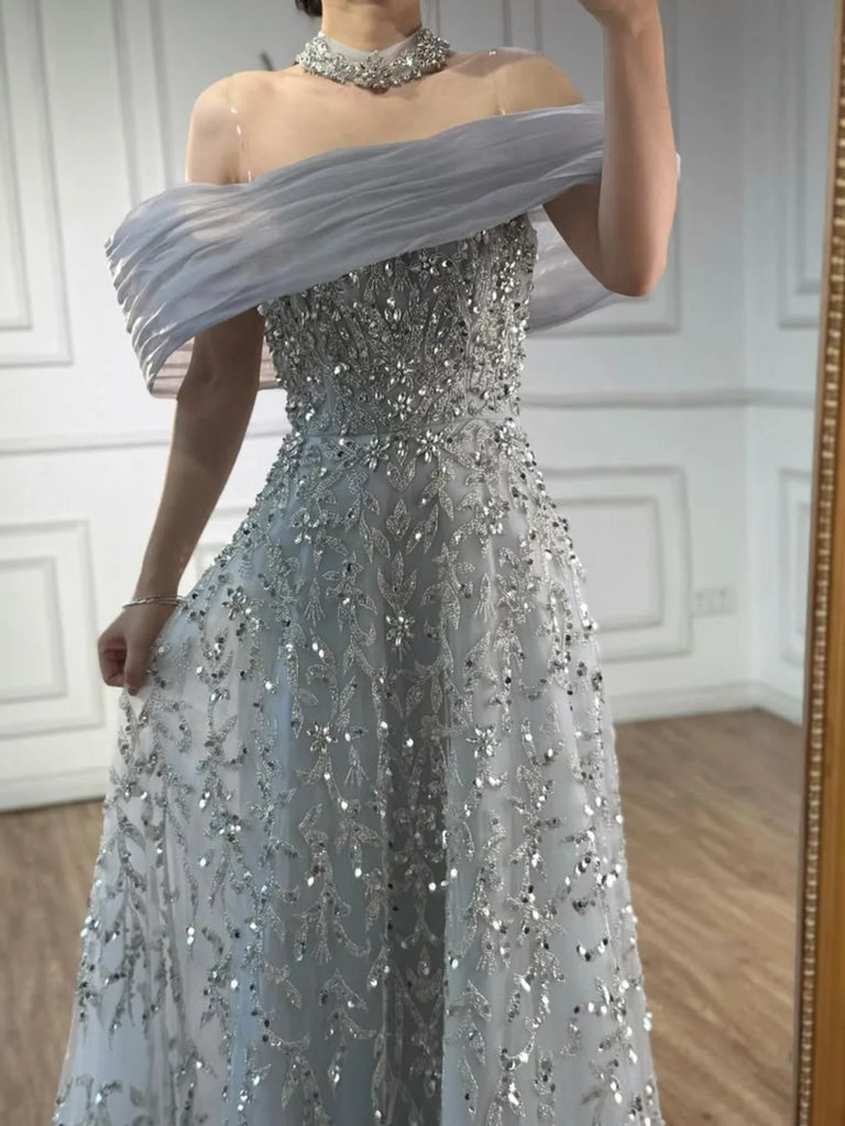 Elegant Blue Off-Shoulder Mermaid Long Prom Dress Ideas, Evening Party Dresses,WGP1914