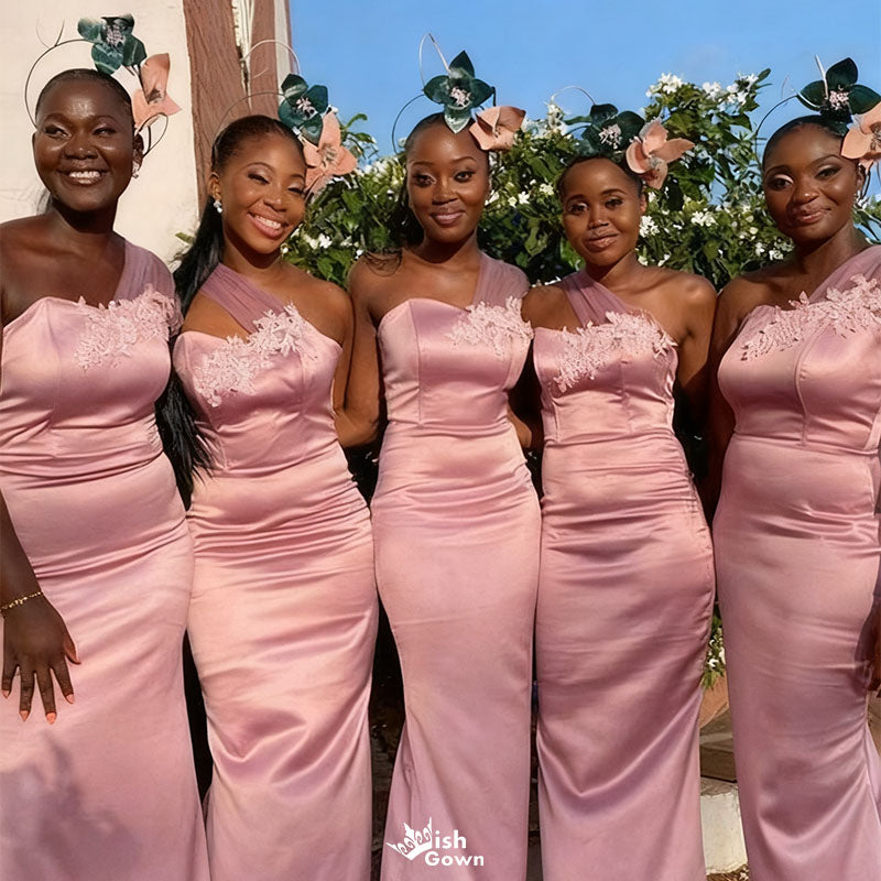 Elegant Pink Floral One-Shoulder Sleeveless Mermaid Long Bridesmaid Dresses Online, WGM426