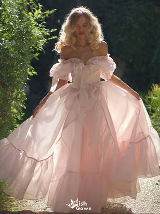 Elegant Pink Off-Shoulder A-Line Long Prom Dress Ideas, Evening Party Dresses, WGP2018