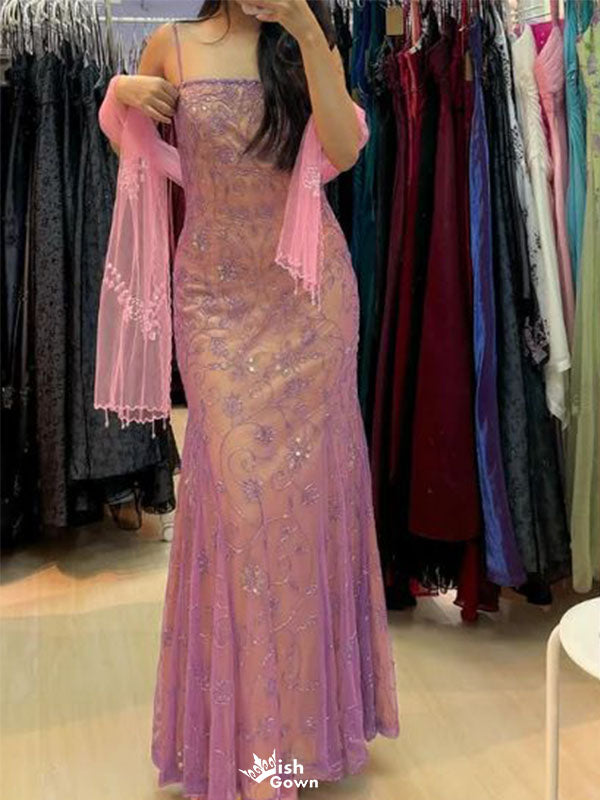 Unique Pink Spaghetti Strap Mermaid Floral Long Prom Dress Ideas, Evening Party Dresses,WGP1717