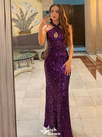 Gorgeous Shiny Purple Halter Mermaid Long Party Dress Prom Dresses ,WGP1016