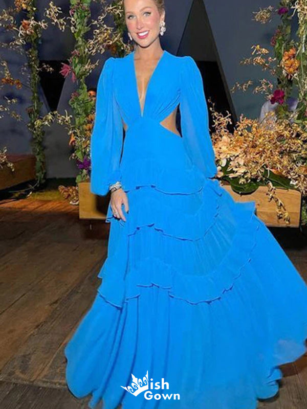 Formal V-neck Long Sleeves A-line Long Prom Dress Ideas, Evening Party Dresses,WGP1383