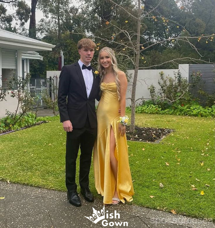 Elegant Yellow Strapless Side Slit Sheath Long Prom Dresses,WGP1038