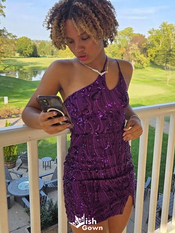 Unique Notched Sequins Sheath Short Mini Homecoming Dress,EPT349