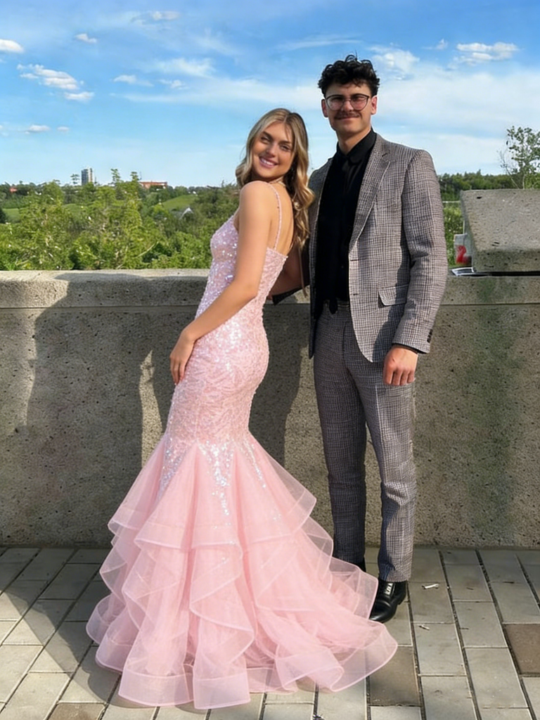 Sexy Pink Sequin Mermaid Prom Dress with Ruffled Tulle Bottom and V-Neck Sparkly Gown,WGP2099