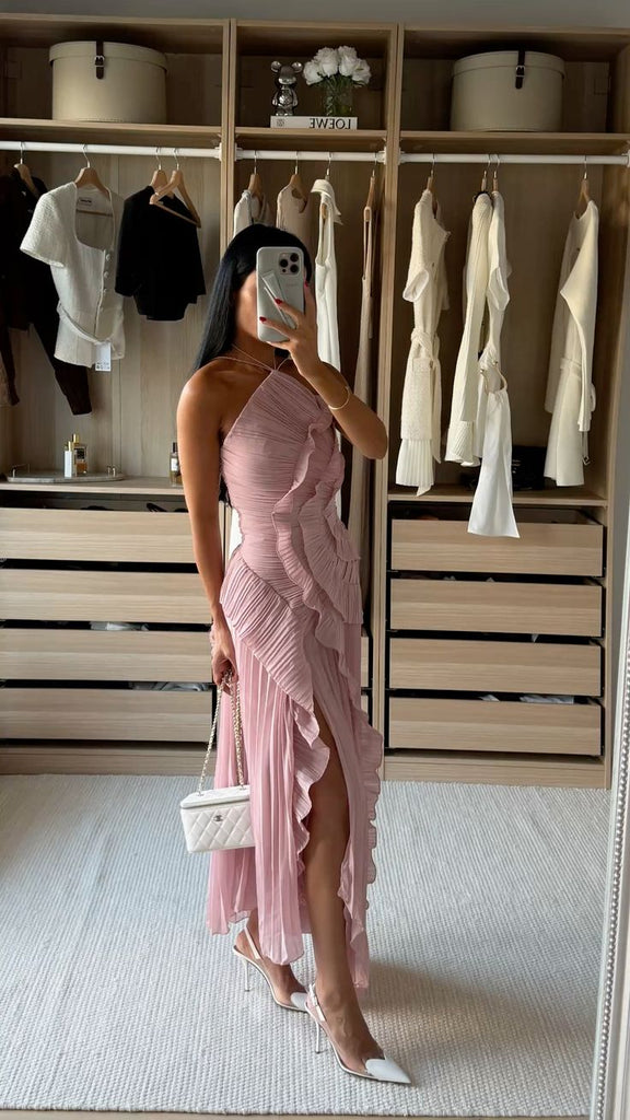 Unique Dusty Rose High Neck Pleated Prom Dress Asymmetrical Ruffle Evening Gown,WGP2163