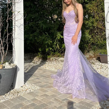 Elegant Spahetti Strap Lavender Applique Mermaid Long Prom Dress Ideas, Evening Party Dresses ,WGP1597
