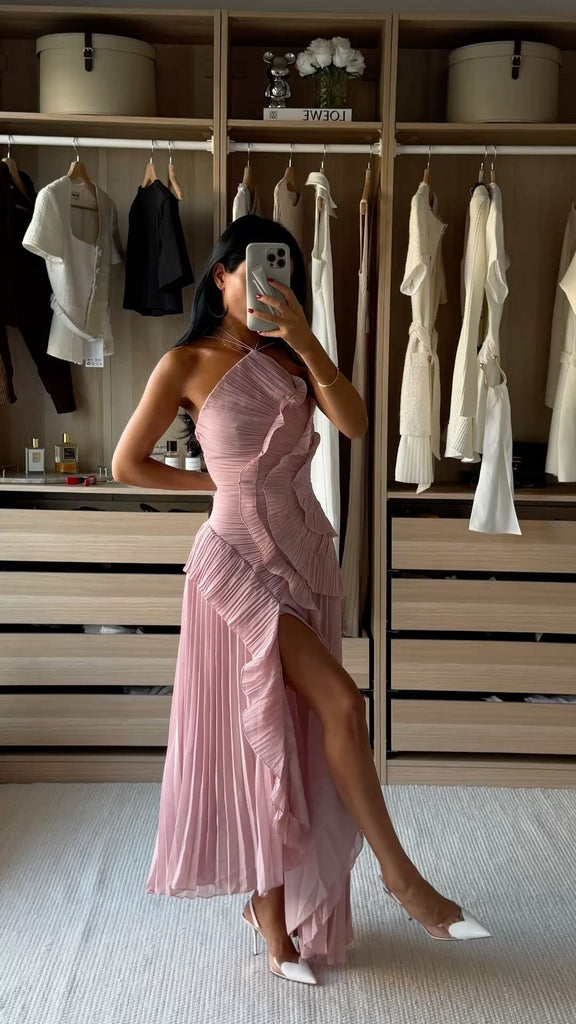 Unique Dusty Rose High Neck Pleated Prom Dress Asymmetrical Ruffle Evening Gown,WGP2163
