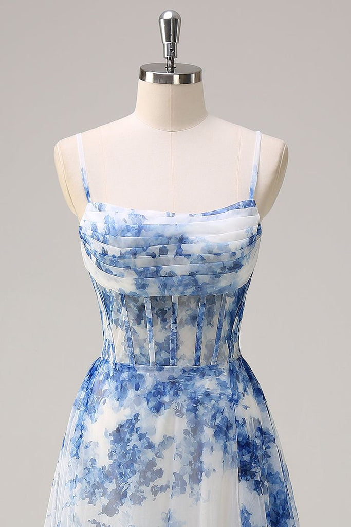 Elegant Blue Spaghetti Strap Mermaid Side Slit Long Prom Dress Ideas, Evening Party Dresses ,  WGP1594