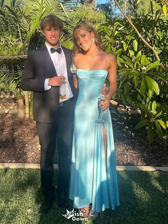 Elegant Blue Spaghetti Strap Side Slit Mermaid Long Prom Dress Ideas, Evening Party Dresses,WGP1678