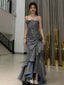 Unique Slate Blue Ruched Mermaid Prom Dress Spaghetti Strap Ruffle Tiered Gown,WGP2203