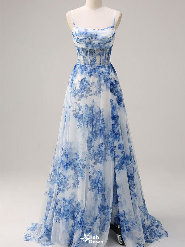 Elegant Blue Spaghetti Strap Mermaid Side Slit Long Prom Dress Ideas, Evening Party Dresses ,  WGP1594