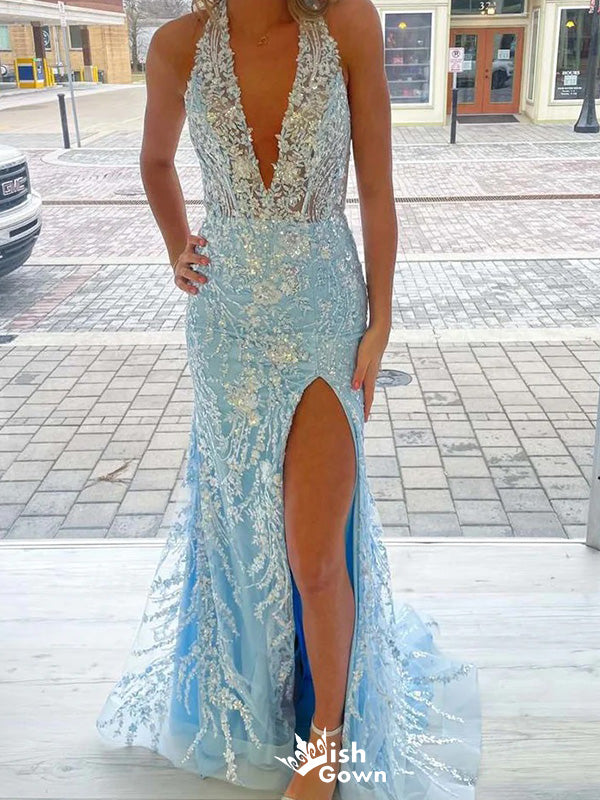 Sexy V-neck Halter Mermaid Long Prom Dress Ideas, Evening Party Dresses,WGP1133